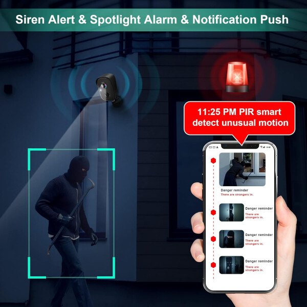 Cámaras de seguridad inalámbricas a batería para exteriores, 2K, detección de movimiento con IA, alarma con sirena y foco, con WiFi, visión nocturna, impermeable, audio bidireccional - Imagen 4