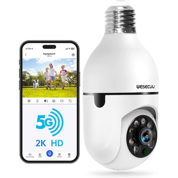 WESECUU Cámara de seguridad con bombilla - 5G y 2.4 GHz WiFi 2K cámaras de seguridad inalámbricas para exteriores detección de movimiento y alarma, conversación bidireccional, visión nocturna a color,