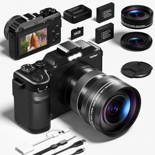 Yatao Cámara digital con WiFi, kit de cámara fotográfica 4K 5K 64MP para YouTube, cámara dual frontal y trasera para selfie conveniente, equipada con tarjeta micro de 64 GB, lente ancha y macro
