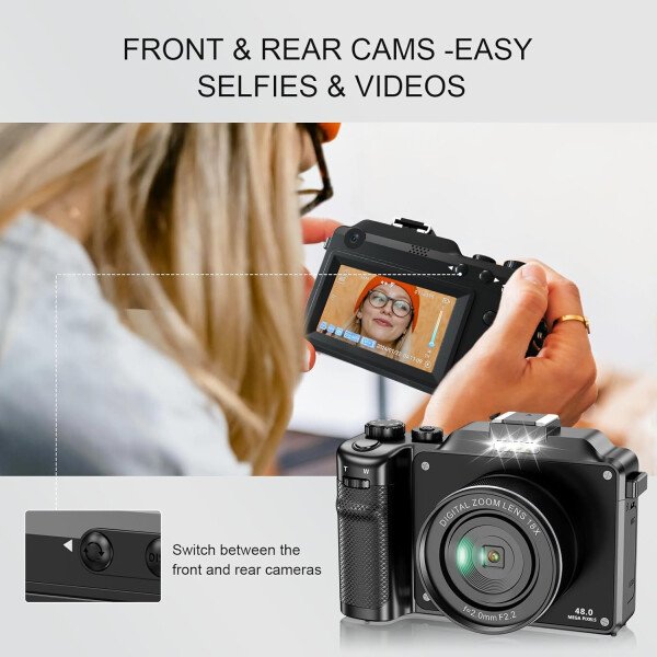 Yatao Cámara digital con WiFi, kit de cámara fotográfica 4K 5K 64MP para YouTube, cámara dual frontal y trasera para selfie conveniente, equipada con tarjeta micro de 64 GB, lente ancha y macro - Image 3