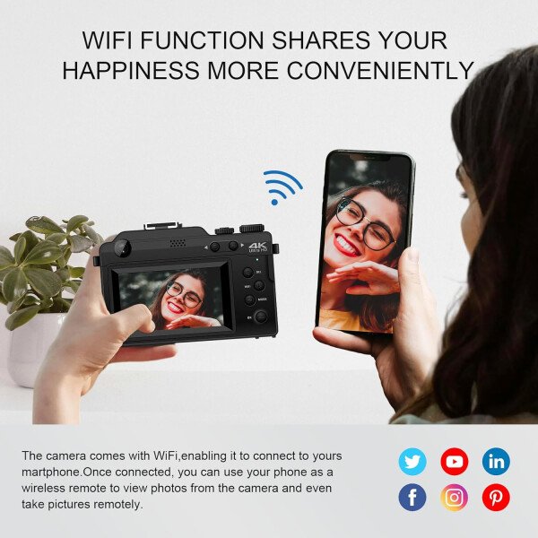Yatao Cámara digital con WiFi, kit de cámara fotográfica 4K 5K 64MP para YouTube, cámara dual frontal y trasera para selfie conveniente, equipada con tarjeta micro de 64 GB, lente ancha y macro - Image 4