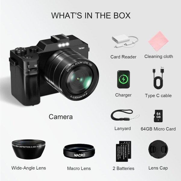 Yatao Cámara digital con WiFi, kit de cámara fotográfica 4K 5K 64MP para YouTube, cámara dual frontal y trasera para selfie conveniente, equipada con tarjeta micro de 64 GB, lente ancha y macro - Image 9