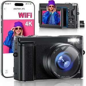Cámara digital 4K para fotografía, WiFi 64MP 180° pantalla abatible de 3 pulgadas, cámara de vlogging de enfoque automático para YouTube, zoom 16X cámaras compactas de punto y disparo para