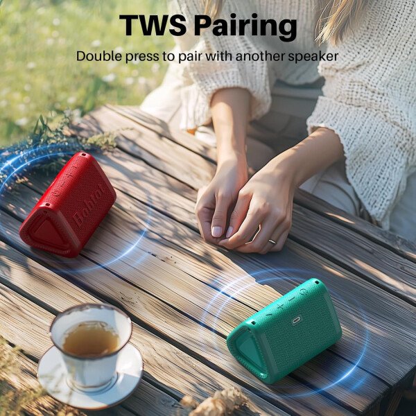 Bobtot Altavoz Bluetooth portátil inalámbrico, IPX7 pequeño altavoz de ducha impermeable, tiempo de reproducción de 15 horas, sonido fuerte y estéreo con graves, emparejamiento TWS para fiesta - Imagen 12