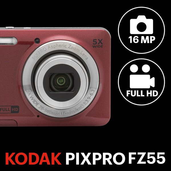 KODAK PIXPRO FZ55-RD Cámara digital de 16MP Zoom óptico 5X 1.102 in Gran angular 1080P Video Full HD 2.7" Cámara LCD Vlogging (rojo) El embalaje puede variar - Imagen 2