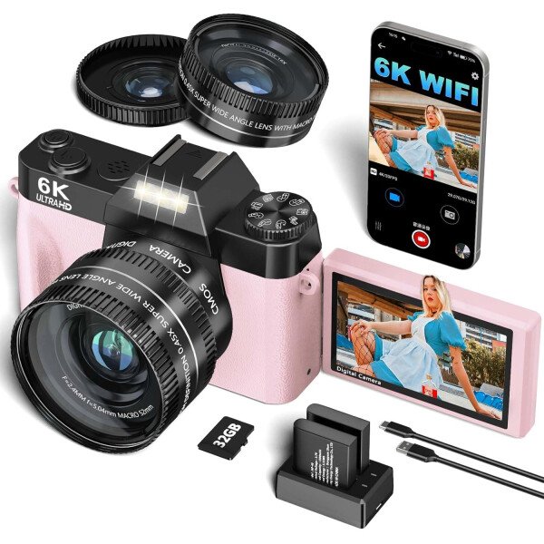 VJIANGER Cámara digital 4K de videoblogs para YouTube de 48 megapíxeles para fotografía y video con pantalla giratoria, enfoque automático, zoom digital 16X, lente de gran angular de 2.05 pulgadas y macro, tarjeta TF de 32 GB y 2 baterías (rosa)
