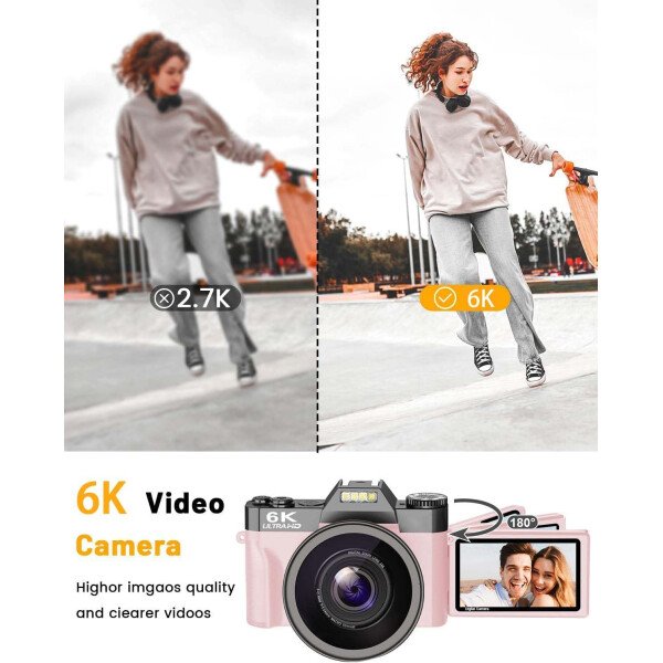 VJIANGER Cámara digital 4K de videoblogs para YouTube de 48 megapíxeles para fotografía y video con pantalla giratoria, enfoque automático, zoom digital 16X, lente de gran angular de 2.05 pulgadas y macro, tarjeta TF de 32 GB y 2 baterías (rosa) - Image 3