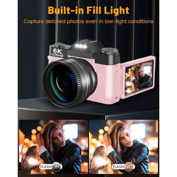 VJIANGER Cámara digital 4K de videoblogs para YouTube de 48 megapíxeles para fotografía y video con pantalla giratoria, enfoque automático, zoom digital 16X, lente de gran angular de 2.05 pulgadas y macro, tarjeta TF de 32 GB y 2 baterías (rosa) - Image 5