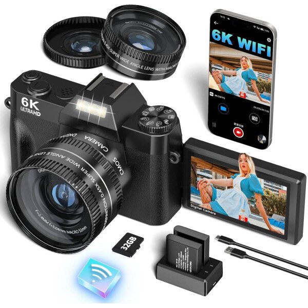 VJIANGER Cámara digital 4K de videoblogs para YouTube de 48 megapíxeles para fotografía y video con pantalla giratoria, enfoque automático, zoom digital 16X, lente de gran angular de 2.05 pulgadas y macro, tarjeta TF de 32 GB y 2 baterías (rosa) - Image 7