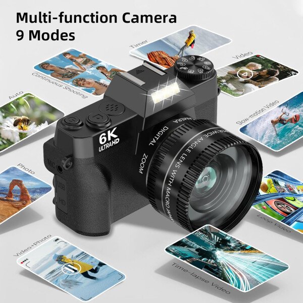 VJIANGER Cámara digital 4K de videoblogs para YouTube de 48 megapíxeles para fotografía y video con pantalla giratoria, enfoque automático, zoom digital 16X, lente de gran angular de 2.05 pulgadas y macro, tarjeta TF de 32 GB y 2 baterías (rosa) - Image 10