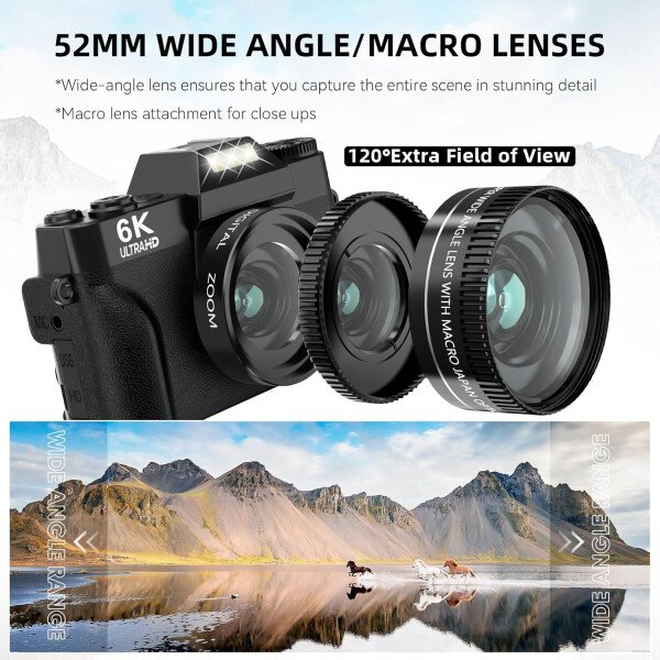 VJIANGER Cámara digital 4K de videoblogs para YouTube de 48 megapíxeles para fotografía y video con pantalla giratoria, enfoque automático, zoom digital 16X, lente de gran angular de 2.05 pulgadas y macro, tarjeta TF de 32 GB y 2 baterías (rosa) - Image 11