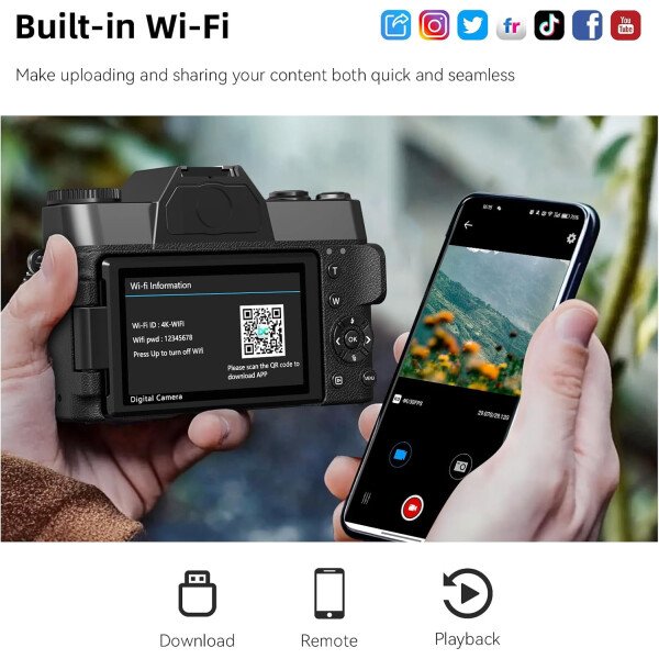 VJIANGER Cámara digital 4K de videoblogs para YouTube de 48 megapíxeles para fotografía y video con pantalla giratoria, enfoque automático, zoom digital 16X, lente de gran angular de 2.05 pulgadas y macro, tarjeta TF de 32 GB y 2 baterías (rosa) - Image 12