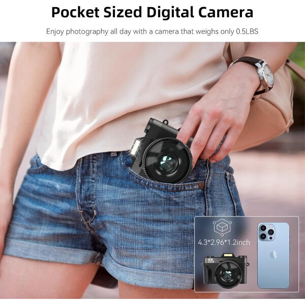 VJIANGER Cámara digital 4K de videoblogs para YouTube de 48 megapíxeles para fotografía y video con pantalla giratoria, enfoque automático, zoom digital 16X, lente de gran angular de 2.05 pulgadas y macro, tarjeta TF de 32 GB y 2 baterías (rosa) - Image 14
