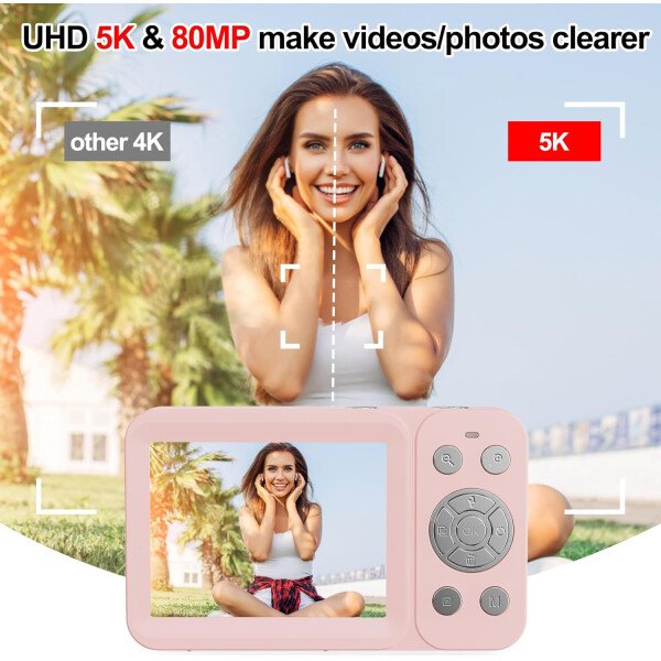 Cámara digital de doble pantalla 5K mejorada, cámara de fotografía de vlog de 80 MP para YouTube, campus, viajes, cámara compacta de apuntar y disparar para adolescentes y principiantes con enfoque - Imagen 19