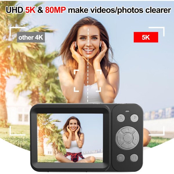 Cámara digital de doble pantalla 5K mejorada, cámara de fotografía de vlog de 80 MP para YouTube, campus, viajes, cámara compacta de apuntar y disparar para adolescentes y principiantes con enfoque - Imagen 25