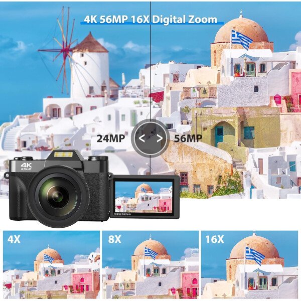 Cámara digital, cámara de vlogging 4K para YouTube 56MP 16X Zoom digital enfoque manual para estudiantes, cámara compacta de fotografía con lente gran angular y macro de 2.047 in, tarjeta TF 32G y 2 - Imagen 3