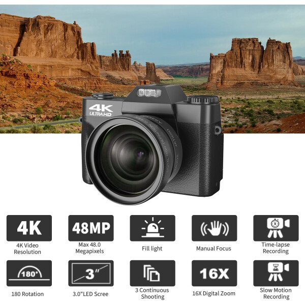 Cámara digital, cámara de vlogging 4K para YouTube 56MP 16X Zoom digital enfoque manual para estudiantes, cámara compacta de fotografía con lente gran angular y macro de 2.047 in, tarjeta TF 32G y 2 - Imagen 4