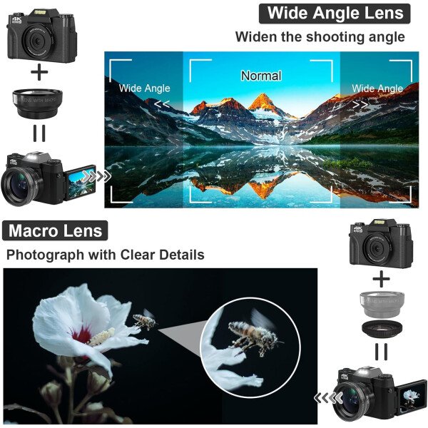 Cámara digital, cámara de vlogging 4K para YouTube 56MP 16X Zoom digital enfoque manual para estudiantes, cámara compacta de fotografía con lente gran angular y macro de 2.047 in, tarjeta TF 32G y 2 - Imagen 7