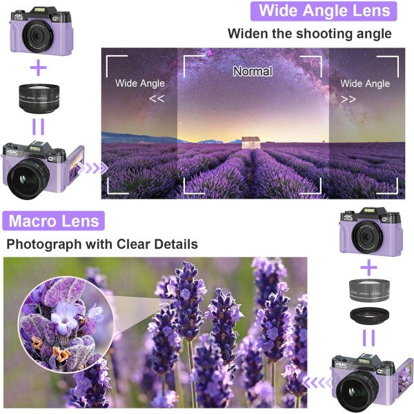 Cámara digital, cámara de vlogging 4K para YouTube 56MP 16X Zoom digital enfoque manual para estudiantes, cámara compacta de fotografía con lente gran angular y macro de 2.047 in, tarjeta TF 32G y 2 - Imagen 12