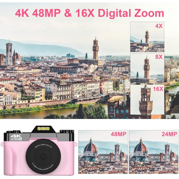 Cámara digital, cámara de vlogging 4K para YouTube 56MP 16X Zoom digital enfoque manual para estudiantes, cámara compacta de fotografía con lente gran angular y macro de 2.047 in, tarjeta TF 32G y 2 - Imagen 17
