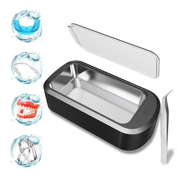 Máquina de limpieza ultrasónica de retenedores, limpiador ultrasónico de 48 kHz, limpiador ultrasónico portátil de 20.3 fl oz para aparatos ortopédicos, protectores bucales, alineador, cepillo