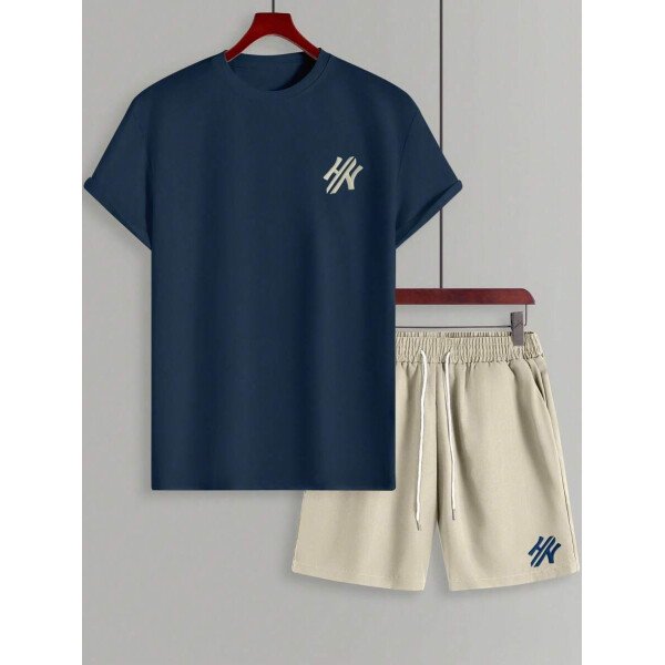 Manfinity CasualCool Conjunto de top con cuello redondo y pantalones cortos con estampado de letras para hombres, conjunto de prendas cortas para hombres - Image 34