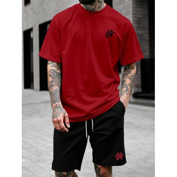 Manfinity CasualCool Conjunto de top con cuello redondo y pantalones cortos con estampado de letras para hombres, conjunto de prendas cortas para hombres - Image 37