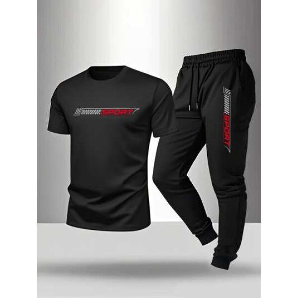Conjunto de hombre de 2 piezas, camiseta de cuello redondo con estampado de montaña y triángulos + pantalones con cordón para deportes y casual de verano