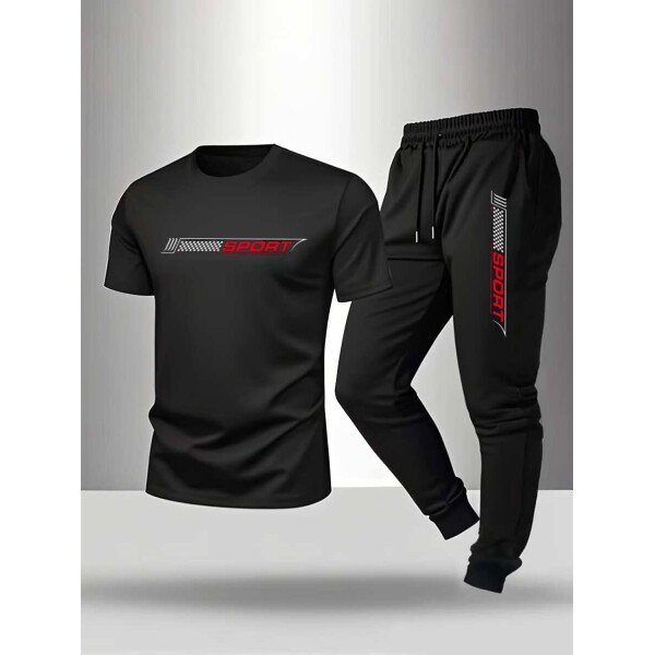 Conjunto de hombre de 2 piezas, camiseta de cuello redondo con estampado de montaña y triángulos + pantalones con cordón para deportes y casual de verano - Imagen 2