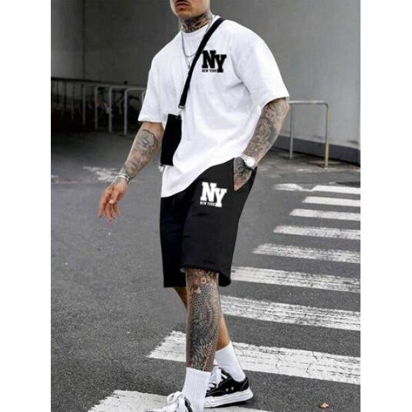 Manfinity EMRG Camiseta De Manga Corta Estampada Para Hombres De Punto Casual De Verano Y Shorts Con Letras