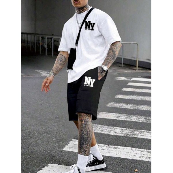 Manfinity EMRG Camiseta De Manga Corta Estampada Para Hombres De Punto Casual De Verano Y Shorts Con Letras - Image 2