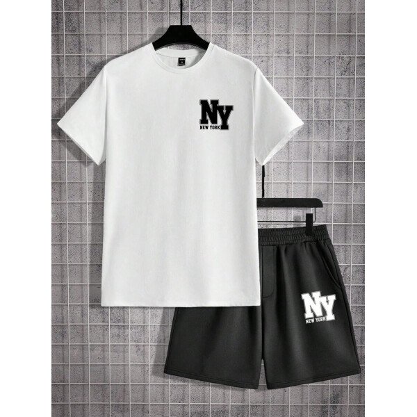 Manfinity EMRG Camiseta De Manga Corta Estampada Para Hombres De Punto Casual De Verano Y Shorts Con Letras - Image 4