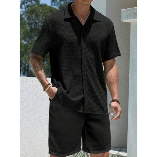 Set de 2 piezas, estilo europeo de moda, conjunto informal de camisa y pantalones de marca jacquard, holgado, ideal como outfit de playa y resort para parejas, adecuado como regalo para esposo/novio