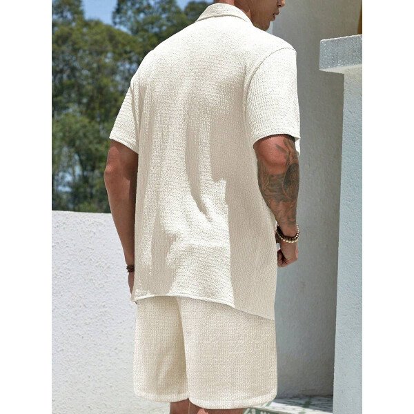 Set de 2 piezas, estilo europeo de moda, conjunto informal de camisa y pantalones de marca jacquard, holgado, ideal como outfit de playa y resort para parejas, adecuado como regalo para esposo/novio - Imagen 3