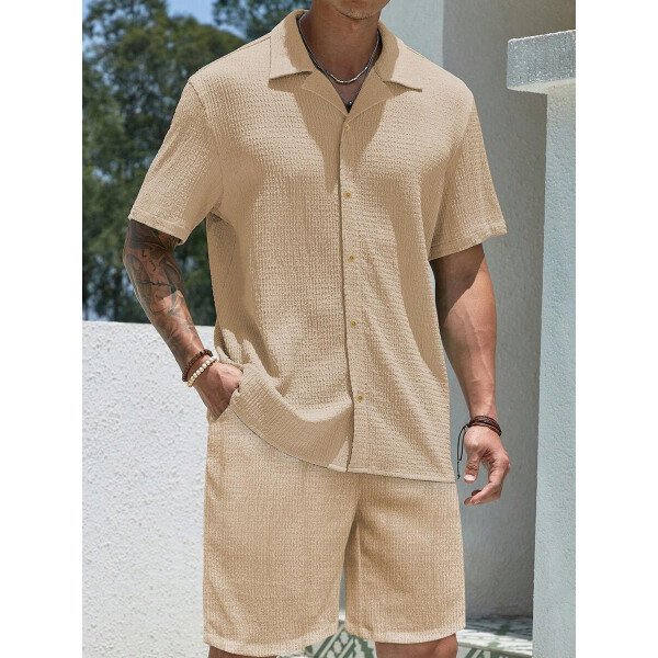 Set de 2 piezas, estilo europeo de moda, conjunto informal de camisa y pantalones de marca jacquard, holgado, ideal como outfit de playa y resort para parejas, adecuado como regalo para esposo/novio - Imagen 14
