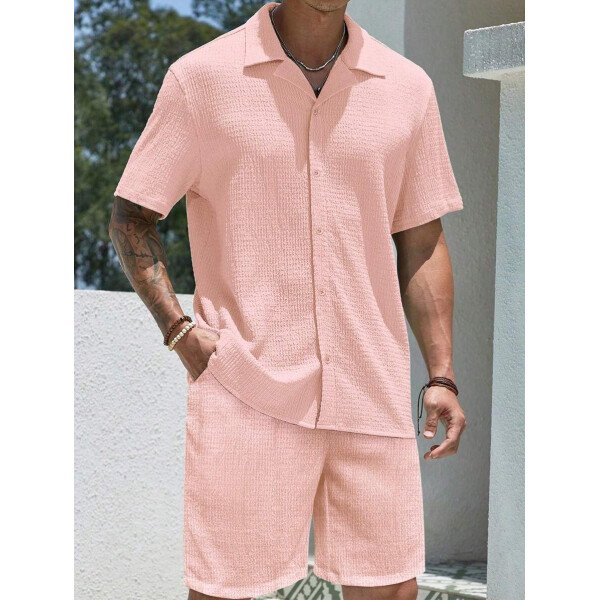 Set de 2 piezas, estilo europeo de moda, conjunto informal de camisa y pantalones de marca jacquard, holgado, ideal como outfit de playa y resort para parejas, adecuado como regalo para esposo/novio - Imagen 21