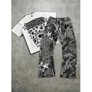 Manfinity ZONE917 Conjunto de camiseta de manga corta y pantalones con estampado de letras y personajes de dibujos animados para hombre, de corte holgado