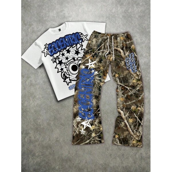 Manfinity ZONE917 Conjunto de camiseta de manga corta y pantalones con estampado de letras y personajes de dibujos animados para hombre, de corte holgado - Imagen 2