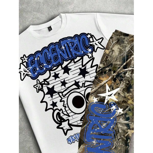 Manfinity ZONE917 Conjunto de camiseta de manga corta y pantalones con estampado de letras y personajes de dibujos animados para hombre, de corte holgado - Imagen 3