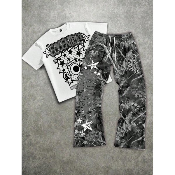 Manfinity ZONE917 Conjunto de camiseta de manga corta y pantalones con estampado de letras y personajes de dibujos animados para hombre, de corte holgado - Imagen 6
