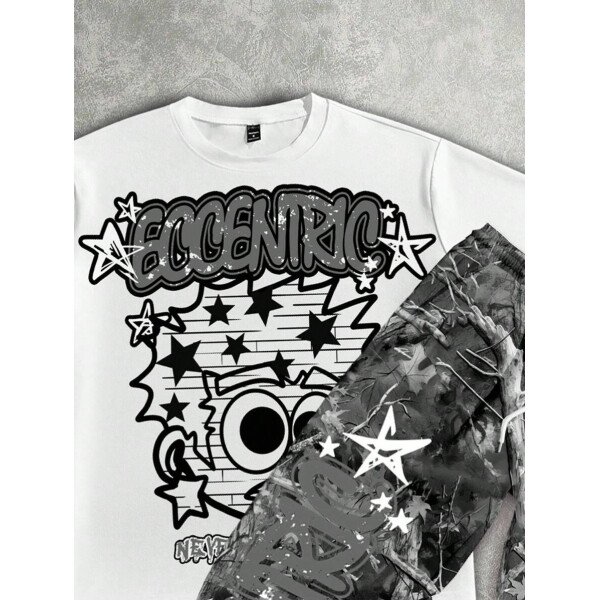 Manfinity ZONE917 Conjunto de camiseta de manga corta y pantalones con estampado de letras y personajes de dibujos animados para hombre, de corte holgado - Imagen 7