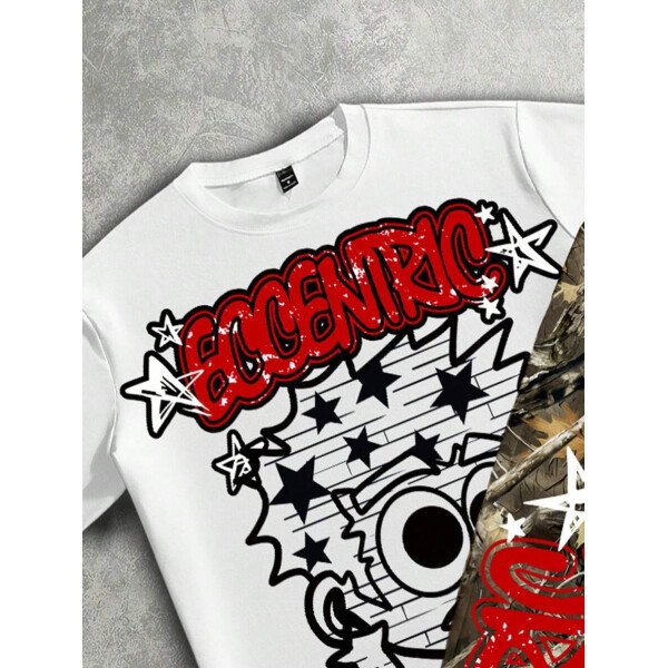 Manfinity ZONE917 Conjunto de camiseta de manga corta y pantalones con estampado de letras y personajes de dibujos animados para hombre, de corte holgado - Imagen 12