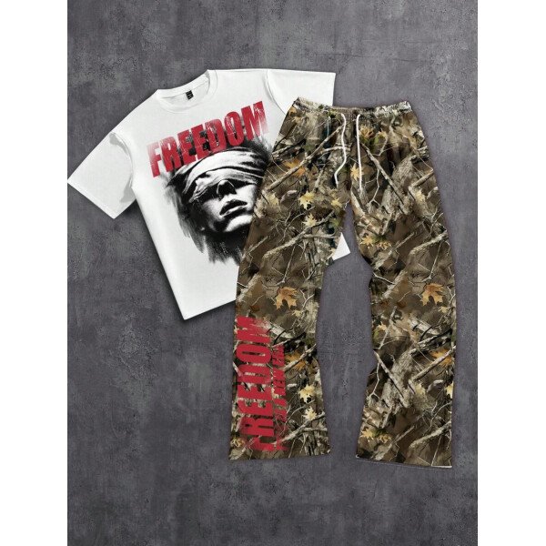 Manfinity ZONE917 Conjunto de camiseta de manga corta y pantalones con estampado de letras y personajes de dibujos animados para hombre, de corte holgado - Imagen 16