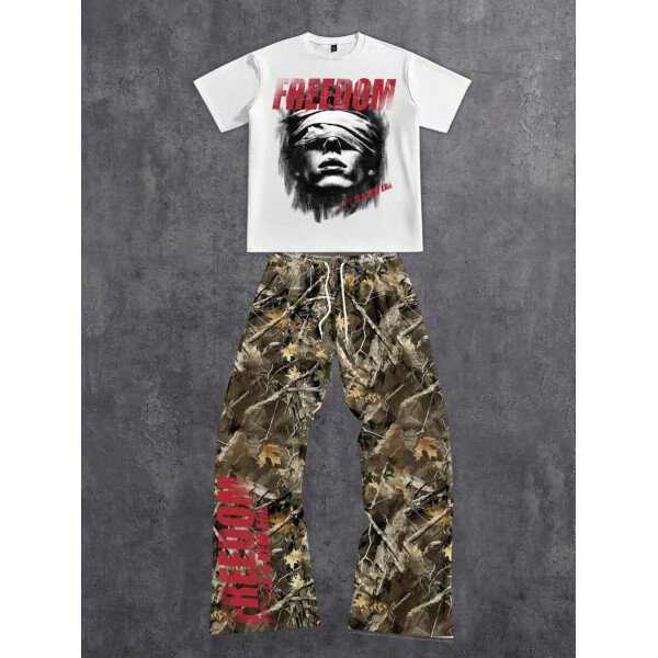 Manfinity ZONE917 Conjunto de camiseta de manga corta y pantalones con estampado de letras y personajes de dibujos animados para hombre, de corte holgado - Imagen 20