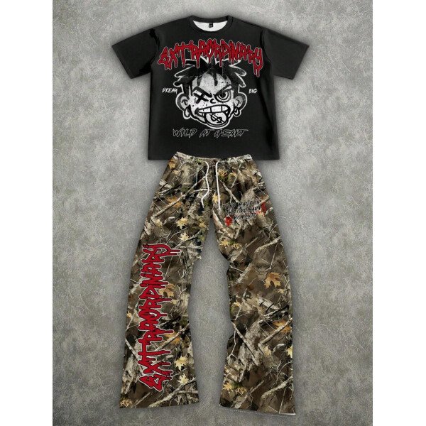 Manfinity ZONE917 Conjunto de camiseta de manga corta y pantalones con estampado de letras y personajes de dibujos animados para hombre, de corte holgado - Imagen 24