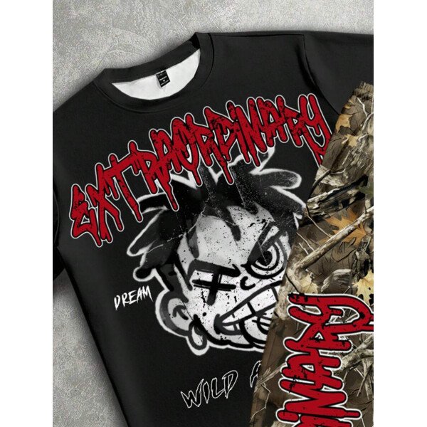 Manfinity ZONE917 Conjunto de camiseta de manga corta y pantalones con estampado de letras y personajes de dibujos animados para hombre, de corte holgado - Imagen 25