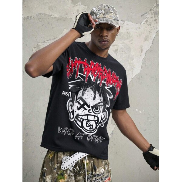 Manfinity ZONE917 Conjunto de camiseta de manga corta y pantalones con estampado de letras y personajes de dibujos animados para hombre, de corte holgado - Imagen 29