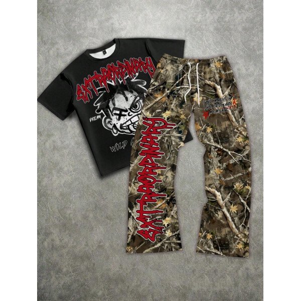 Manfinity ZONE917 Conjunto de camiseta de manga corta y pantalones con estampado de letras y personajes de dibujos animados para hombre, de corte holgado - Imagen 31