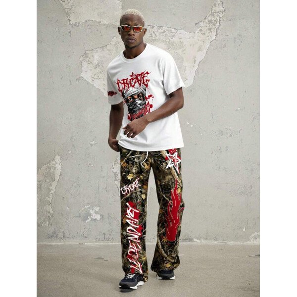 Manfinity ZONE917 Conjunto de camiseta de manga corta y pantalones con estampado de letras y personajes de dibujos animados para hombre, de corte holgado - Imagen 33