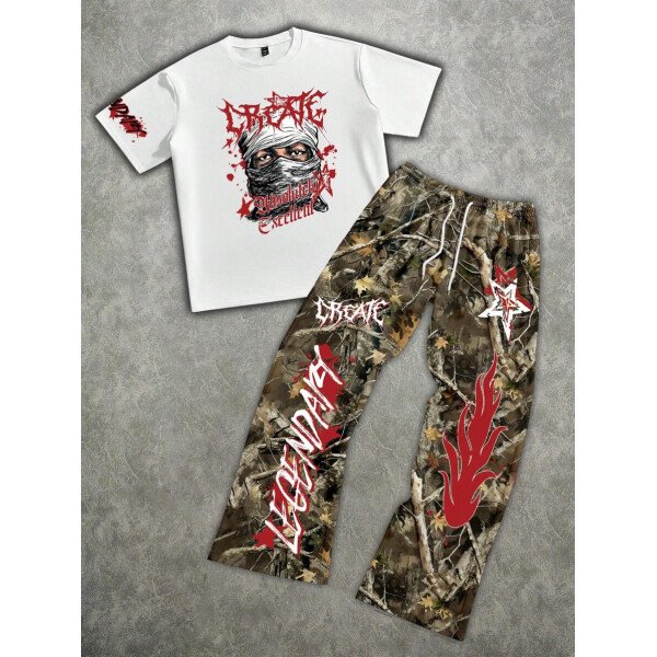 Manfinity ZONE917 Conjunto de camiseta de manga corta y pantalones con estampado de letras y personajes de dibujos animados para hombre, de corte holgado - Imagen 39